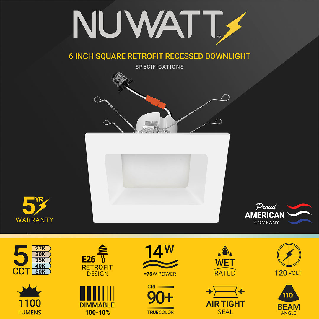 6" Inch White Square Retrofit LED Recessed Downlight - 5 Kelvin Temperatures (5CCT) - 14 Watt - 1100 Lumens - Dimmable