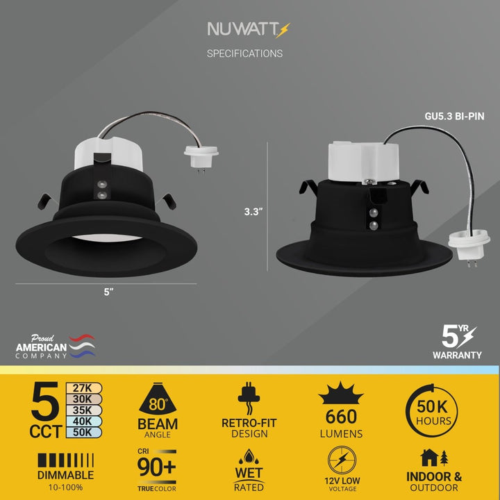 NUWATT 4 Inch Black MR16 Retrofit LED Recessed Light - 12V Downlight - 5CCT Selectable 2700K/3000K/3500K/4000K/5000K - 10W - 660 Lumens - Dimmable Low Voltage LED Downlight - GU5.3 - 75W Halogen Replacement