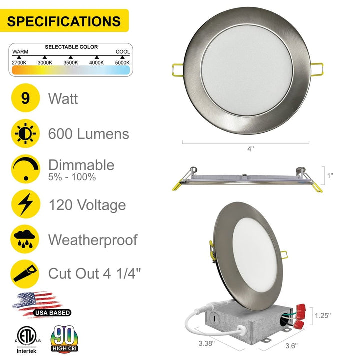 4" Inch Brushed Nickel Round Slim Recessed LED Ceiling Lights - 5 Kelvin Temperatures (5CCT) - 9 Watts - 630 Lumens - 120 Volt - Dimmable