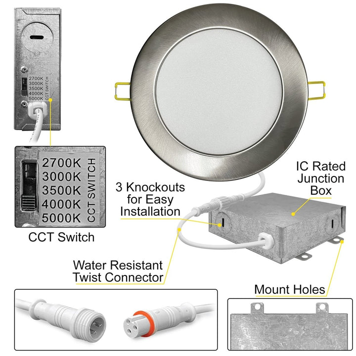 4" Inch Brushed Nickel Round Slim Recessed LED Ceiling Lights - 5 Kelvin Temperatures (5CCT) - 9 Watts - 630 Lumens - 120 Volt - Dimmable