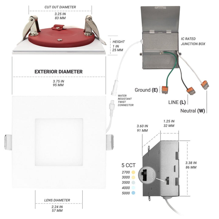3" Inch 2 Hour Fire Rated Square Trim LED Recessed Light - 5CCT 2700K/3000K/3500K/4000K/5000K Selectable - 550LM - Dimmable - IC Rated - Wet Rated - Ultra-Thin Canless Downlight - No Fire Cone Needed