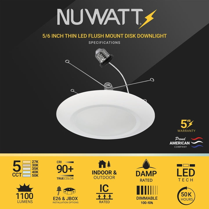 NuWatt 5/6" Inch Slim Disk Downlight - 5 CCT Selectable: 2700K, 3000K, 3500K, 4000K, 5000K - 15 Watts - 1100 Lumens - Triac-Dimmable - 120V - White Trim