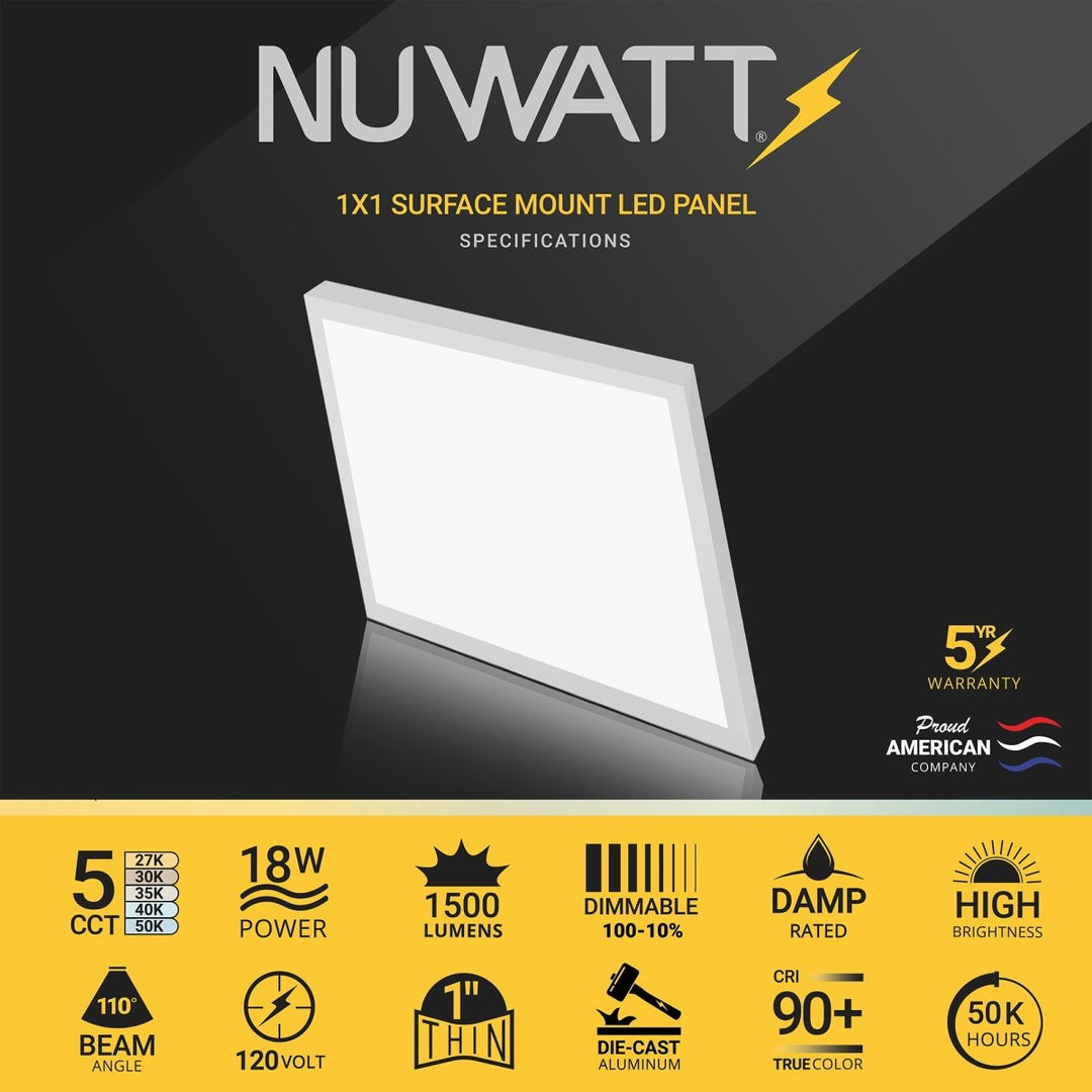1x1 FT 12" Square LED Surface Mount Panel - 5 Kelvin Selectable (5CCT) - 18 Watts - 1500 Lumens - Triac-Dimmable - CRI 90 - White Trim