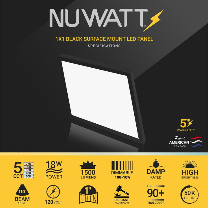 1x1 FT 12" Square LED Surface Mount Panel - 5 Kelvin Selectable (5CCT) - 18 Watts - 1500 Lumens - Triac-Dimmable - CRI 90 - Black