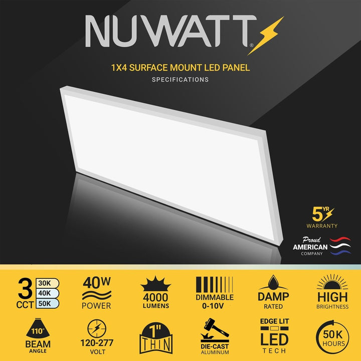 1x4 FT LED Surface Mount Panel - 3 Kelvin Selectable (3CCT) - 40 Watts - 4,000 Lumens - 120-277V - 0-10V Dimmable - White Trim (2 Pack)
