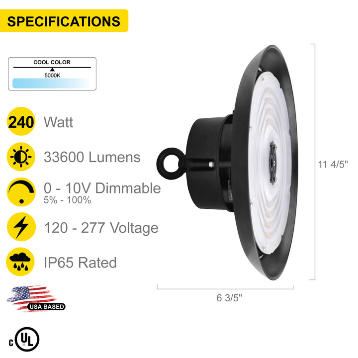 UFO LED High Bay Industrial Warehouse LED Fixture 240W, 5000K Daylight, 35,000 Lumens, 120-277v, 1-10V Dimmable | UFO High Bay | Nuwatt Lighting